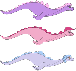 Size: 1280x1193 | Tagged: safe, artist:tektalox, happy ness (happy ness), kind ness (happy ness), loch ness monster, sweet ness (happy ness), feral, happy ness: the secret of the loch, 2020, 2d, female, females only, pink body, purple body, simple background, transparent background, trio, trio female