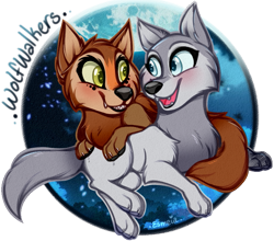 Size: 703x620 | Tagged: safe, artist:esmeia, mebh mactire (wolfwalkers), robyn goodfellowe (wolfwalkers), canine, mammal, wolf, feral, cartoon saloon, wolfwalkers, 2021, blue eyes, blushing, brown body, brown fur, cub, cute, cute little fangs, duo, duo female, fangs, female, females only, front view, fur, gray body, gray fur, green eyes, happy, looking at each other, moon, open mouth, partially transparent background, smiling, teeth, text, three-quarter view, transparent background, young