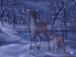 Size: 800x600 | Tagged: safe, artist:arunatramp, bambi (bambi), bambi's mother (bambi), cervid, deer, mammal, feral, bambi (film), disney, 2007, 2d, curious, duo, fawn, female, front view, ice, male, mother, mother and child, mother and son, scenery, scenery porn, snow, snowflake, son, three-quarter view, tree, winter, young