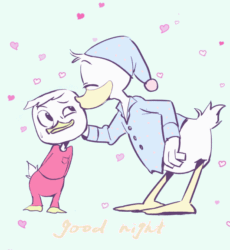Size: 530x575 | Tagged: safe, artist:mikidonagu, dewey duck (disney), donald duck (disney), huey duck (disney), louie duck (disney), bird, duck, waterfowl, anthro, disney, ducktales, ducktales (2017), mickey and friends, animated, feathers, gif, group, heart, kissing, male, nephew, nightcap, uncle, uncle and nephew, white feathers, young