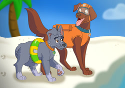 Size: 1024x723 | Tagged: safe, artist:faitheverlasting, rocky (paw patrol), zuma (paw patrol), canine, chocolate labrador, dog, labrador, mammal, mutt, feral, nickelodeon, paw patrol, 2020, beach, black nose, clothes, collar, digital art, duo, duo male, ears, fur, goggles, hair, helmet, male, males only, ocean, older, open mouth, palm tree, paw pads, paws, sand, sharp teeth, sky, tail, teeth, tongue, tongue out, topwear, tree, underpaw, vest, water
