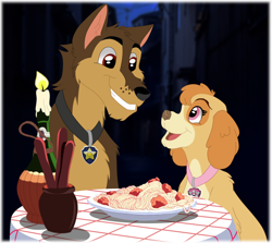 Size: 1024x913 | Tagged: safe, artist:faitheverlasting, chase (paw patrol), skye (paw patrol), canine, cockapoo, dog, german shepherd, mammal, feral, disney, lady and the tramp, nickelodeon, paw patrol, 2019, black nose, collar, crossover, digital art, duo, duo male and female, ears, eyelashes, female, food, fur, hair, male, older, open mouth, sharp teeth, shipping, sky, skyechase (paw patrol), spaghetti, teeth, tongue