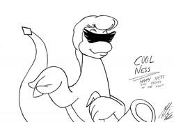 Size: 1280x894 | Tagged: safe, artist:morteneng22, cool ness (happy ness), loch ness monster, feral, happy ness: the secret of the loch, 2014, 2d, front view, male, monochrome, saxophone, shades, smiling, solo, solo male, three-quarter view