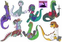 Size: 3350x2273 | Tagged: safe, artist:tektalox, brave ness (happy ness), bright ness (happy ness), loch ness monster, mean ness (happy ness), outrageous ness (happy ness), pompous ness (happy ness), selfish ness (happy ness), sweet ness (happy ness), feral, happy ness: the secret of the loch, 2019, 2d, female, green body, group, high res, male, pink body, purple body, simple background, teal body, traditional art, white background, yellow body