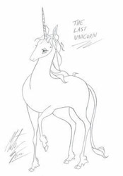 Size: 243x350 | Tagged: safe, artist:morteneng22, lady amalthea (the last unicorn), equine, fictional species, mammal, unicorn, feral, the last unicorn, 2012, 2d, female, front view, hooves, horn, low res, monochrome, simple background, solo, solo female, three-quarter view, ungulate, white background