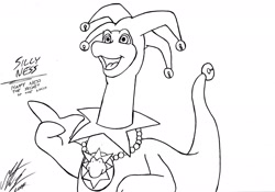 Size: 1280x896 | Tagged: safe, artist:morteneng22, loch ness monster, silly ness (happy ness), feral, happy ness: the secret of the loch, 2014, 2d, clothes, front view, hat, jester hat, male, monochrome, open mouth, simple background, smiling, solo, solo male, three-quarter view, white background