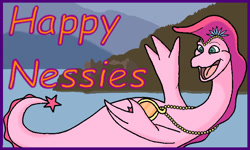 Size: 666x399 | Tagged: safe, artist:tektalox, happy ness (happy ness), loch ness monster, feral, happy ness: the secret of the loch, 2018, 2d, female, open mouth, pink body, smiling, solo, solo female