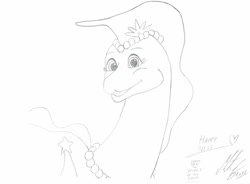 Size: 1041x767 | Tagged: safe, artist:morteneng22, happy ness (happy ness), loch ness monster, feral, happy ness: the secret of the loch, 2012, 2d, female, front view, monochrome, solo, solo female, three-quarter view, traditional art