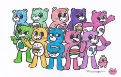 Size: 1024x651 | Tagged: safe, artist:peridottopuffu, bedtime bear (care bears), cheer bear (care bears), dibble (care bears), funshine bear (care bears), good luck bear (care bears), grumpy bear (care bears), harmony bear (care bears), love-a-lot bear (care bears), share bear (care bears), bear, fictional species, mammal, semi-anthro, care bears, care bears: unlock the magic, 2020, blue body, blue fur, care bear, female, fur, green body, green fur, group, large group, male, pink body, pink fur, purple body, purple fur, tenderheart bear (care bears), traditional art, whiffle, wish bear (care bears), yellow body, yellow fur
