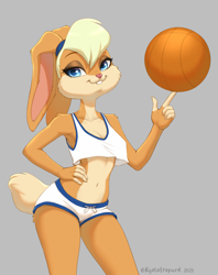 Size: 2293x2893 | Tagged: safe, artist:kyotoleopard, lola bunny (looney tunes), lagomorph, mammal, rabbit, anthro, looney tunes, space jam, warner brothers, 2021, ball, basketball, belly button, blonde hair, blue eyes, bottomwear, brown body, brown fur, buckteeth, cheek fluff, clothes, crop top, ear fluff, eyebrows, eyelashes, female, fingerless (marking), fluff, fur, gray background, hair, hand on hip, high res, long hair, looking at you, micro shorts, midriff, short tail, shorts, shoulder fluff, simple background, smiling, smiling at you, solo, solo female, tail, tail fluff, tan body, tan fur, tank top, teeth, topwear