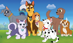 Size: 1024x598 | Tagged: safe, artist:faitheverlasting, chase (paw patrol), everest (paw patrol), marshall (paw patrol), rocky (paw patrol), rubble (paw patrol), skye (paw patrol), zuma (paw patrol), bulldog, canine, chocolate labrador, cockapoo, dalmatian, dog, english bulldog, german shepherd, husky, labrador, mammal, mutt, nordic sled dog, feral, nickelodeon, paw patrol, 2016, black nose, collar, digital art, ears, eyes closed, female, fur, group, male, older, paws, spotted body, spotted fur, tail