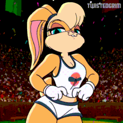 Size: 800x800 | Tagged: suggestive, artist:twistedgrimtv, lola bunny (looney tunes), lagomorph, mammal, rabbit, anthro, looney tunes, space jam, warner brothers, 2021, 2d, 2d animation, animated, belly button, bottomwear, bouncing breasts, breasts, buckteeth, cheek fluff, cleavage, clothes, clothing lift, confetti, crop top, detailed background, eyebrow through hair, eyebrows, eyelashes, female, fluff, frame by frame, fur, gif, gloves, hair, indoors, long ears, looking at you, midriff, open mouth, pale belly, short tail, shorts, solo, solo female, sports bra, tail, tan body, tan fur, tank top, teal eyes, teeth, three-quarter view, tongue, topwear