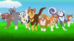 Size: 1023x571 | Tagged: safe, artist:faitheverlasting, chase (paw patrol), everest (paw patrol), marshall (paw patrol), rocky (paw patrol), skye (paw patrol), tracker (paw patrol), zuma (paw patrol), canine, chihuahua, chocolate labrador, cockapoo, dalmatian, dog, german shepherd, husky, labrador, mammal, mutt, nordic sled dog, feral, nickelodeon, paw patrol, 2017, black nose, collar, digital art, ears, eyes closed, female, fur, group, looking at you, male, open mouth, running, spotted body, spotted fur, tail, tongue, tongue out