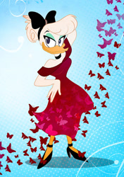 Size: 600x854 | Tagged: safe, artist:pixelkitties, daisy duck (disney), arthropod, bird, butterfly, duck, insect, waterfowl, anthro, disney, ducktales, ducktales (2017), mickey and friends, 2019, ambient insect, ambient wildlife, bow, clothes, dress, female, hair bow, looking at you, solo, solo female