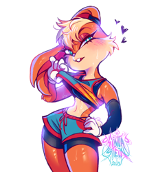 Size: 2000x2200 | Tagged: safe, artist:sinkaraia, lola bunny (looney tunes), lagomorph, mammal, rabbit, anthro, looney tunes, space jam, space jam: a new legacy, warner brothers, 2021, blonde hair, blushing, bottomwear, breasts, clothes, cream body, cream fur, cyan eyes, eyebrows, eyelashes, female, fur, gloves, hair, hand on hip, heart, high res, long ears, looking at you, love heart, multicolored fur, open mouth, open smile, short tail, shorts, simple background, smiling, solo, solo female, sports bra, sports shorts, sweat, tail, tan body, tan fur, teeth, topwear, two toned body, two toned fur, white background