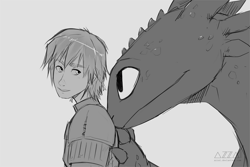 Size: 1050x700 | Tagged: safe, artist:azzai, hiccup (httyd), toothless (httyd), dragon, fictional species, human, mammal, night fury, western dragon, feral, cc by-nc-nd, creative commons, dreamworks animation, how to train your dragon, 2019