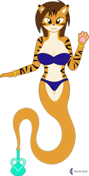 Size: 4000x7869 | Tagged: safe, artist:parclytaxel, oc, oc only, oc:tori taxel, big cat, feline, fictional species, genie, mammal, tiger, anthro, .svg available, 2021, absurd resolution, bra, bracelet, clothes, fangs, female, gold, jewelry, looking at you, orange body, panties, paw pads, paws, sharp teeth, simple background, smiling, solo, solo female, stripes, teeth, tiger stripes, tigress, transparent background, underwear, vase, vector, waving