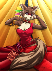 Size: 728x1000 | Tagged: safe, artist:soronous, juno (beastars), canine, mammal, wolf, anthro, beastars, 2020, bottomwear, breasts, brown body, brown fur, brown nose, clothes, collar, cream body, cream fur, digital art, dress, female, fluff, front view, fur, looking at you, multicolored body, multicolored fur, purple eyes, red clothes, red dress, signature, solo, solo female, tail, tail fluff, two toned body, two toned fur