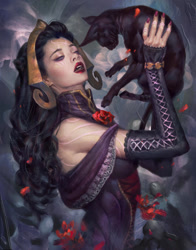 Size: 847x1080 | Tagged: safe, artist:dopaprime, liliana vess (magic: the gathering), cat, feline, fictional species, human, mammal, planeswalker (magic: the gathering), feral, magic the gathering, 2017, ambiguous gender, black cat, duo, female