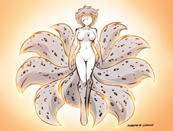 Size: 1600x1212 | Tagged: safe, artist:twokinds, kat (twokinds), canine, fictional species, fox, keidran, kitsune, mammal, anthro, twokinds, 2021, breasts, featureless breasts, featureless crotch, female, multiple tails, nudity, solo, solo female, tail