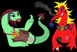 Size: 1280x867 | Tagged: safe, artist:tektalox, loch ness monster, oc, oc only, oc:raunchy ness, oc:sexy ness, feral, happy ness: the secret of the loch, black background, duo, female, green body, male, red body, simple background, smoking