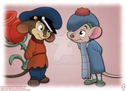 Size: 1000x725 | Tagged: source needed, safe, artist:fathom315, fievel mousekewitz (an american tail), olivia flaversham (the great mouse detective), mammal, mouse, rodent, anthro, an american tail, disney, sullivan bluth studios, the great mouse detective, brown body, brown fur, cute, duo, female, fievelivia (an american tail/the great mouse detective), flower, front view, fur, male, male/female, murine, rose, shipping, three-quarter view, young