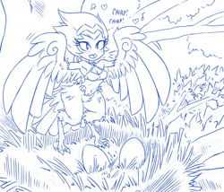 Size: 1400x1200 | Tagged: safe, artist:plague of gripes, shantae (shantae), bird, fictional species, harpy, anthro, cc by-nc, creative commons, shantae (series), 2016, clothes, egg, female, grass, line art, monochrome, outdoors, solo, solo female, spread wings, tree, wings