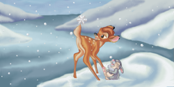 Size: 755x380 | Tagged: safe, artist:dragonite1, bambi (bambi), thumper (bambi), cervid, deer, lagomorph, mammal, rabbit, feral, bambi (film), disney, 2005, 2d, brown body, brown fur, duo, duo male, fawn, fur, gray body, gray fur, ice, male, males only, rear view, snow, snowfall, snowflake, three-quarter view, ungulate, young