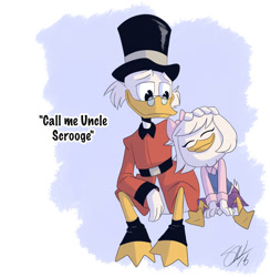 Size: 884x904 | Tagged: safe, artist:tc-96, scrooge mcduck (disney), webby vanderquack (ducktales), bird, duck, waterfowl, anthro, disney, ducktales, ducktales (2017), mickey and friends, 2018, 2d, cute, dialogue, duo, eyes closed, feathers, female, front view, male, talking, three-quarter view, white feathers, young