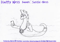 Size: 1024x715 | Tagged: source needed, safe, artist:tektalox, loch ness monster, selfish ness (happy ness), feral, happy ness: the secret of the loch, 2d, front view, iphone, male, monochrome, partially submerged, pun, selfie, solo, solo male, three-quarter view