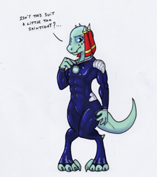 Size: 1419x1605 | Tagged: safe, artist:kuroneko, furbooru exclusive, oc, oc only, oc:nare, argonian, fictional species, reptile, anthro, the elder scrolls, bodysuit, clothes, digital art, female, horns, raised tail, simple background, solo, solo female, tail, tight clothing, white background