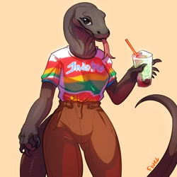 Size: 1280x1280 | Tagged: safe, artist:fivel, komodo dragon, lizard, monitor lizard, reptile, anthro, bottomwear, clothes, drink, female, forked tongue, pants, shirt, solo, solo female, tail, tongue, tongue out, topwear