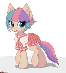Size: 1159x1280 | Tagged: safe, artist:merqrous, oc, oc only, earth pony, equine, fictional species, mammal, pony, feral, hasbro, my little pony, blue eyes, bottomwear, clothes, female, mare, necktie, open mouth, school uniform, shirt, skirt, solo, solo female, topwear