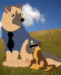 Size: 1024x1264 | Tagged: safe, artist:faitheverlasting, chase (paw patrol), canine, dog, german shepherd, mammal, feral, nickelodeon, paw patrol, black nose, clothes, digital art, duo, duo male, ears, father, father and child, father and son, fur, hat, male, males only, paw pads, paws, puppy, sitting, son, tail, young