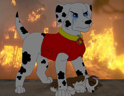 Size: 1024x796 | Tagged: safe, artist:faitheverlasting, marshall (paw patrol), canine, dalmatian, dog, mammal, feral, nickelodeon, paw patrol, black nose, clothes, collar, crying, digital art, fur, male, older, puppy, rescue, spotted body, spotted fur, tail, topwear, vest, young