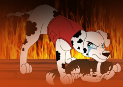 Size: 1024x727 | Tagged: safe, artist:faitheverlasting, marshall (paw patrol), canine, dalmatian, dog, mammal, feral, nickelodeon, paw patrol, black nose, clothes, collar, crying, digital art, fur, male, older, puppy, rescue, spotted body, spotted fur, tail, topwear, vest, young