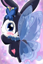 Size: 720x1058 | Tagged: safe, artist:cindy rabbito, luea (jewelpet), lagomorph, mammal, rabbit, semi-anthro, jewelpet (sanrio), sanrio, abstract background, butterfly wings, female, heart, looking at you, solo, solo female, tail, wings