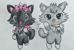 Size: 1024x698 | Tagged: safe, artist:eqahsb, dian (jewelpet), diana (jewelpet), cat, feline, mammal, semi-anthro, jewelpet (sanrio), sanrio, bow, duo, female, looking at you, male, open mouth, signature, tail, traditional art