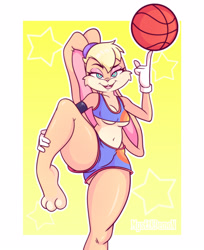 Size: 2827x3460 | Tagged: safe, artist:mystikdemonh, lola bunny (looney tunes), lagomorph, mammal, rabbit, anthro, looney tunes, space jam, space jam: a new legacy, warner brothers, 2021, ball, basketball, belly button, blonde hair, bottomwear, breasts, clothes, crop top, cyan eyes, eyebrows, eyelashes, eyeshadow, female, gloves, hair, high res, long ears, looking at you, makeup, midriff, open mouth, paws, raised leg, shorts, solo, solo female, sports bra, sports shorts, teeth, thick thighs, thighs, tongue, topwear, underboob