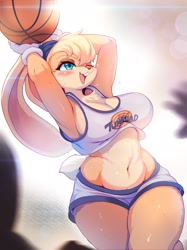 Size: 1534x2048 | Tagged: suggestive, artist:binglebingle7, lola bunny (looney tunes), lagomorph, mammal, rabbit, anthro, looney tunes, space jam, warner brothers, 2021, ball, basketball, belly button, big breasts, blonde hair, blushing, bottomwear, breasts, cleavage, cleavage fluff, clothes, crop top, eyebrows, eyelashes, female, fluff, gloves, green eyes, hair, long ears, midriff, one eye closed, open mouth, short tail, shorts, solo, solo female, sports bra, sports shorts, tail, teeth, thick thighs, thighs, tongue, topwear