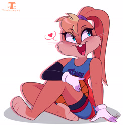 Size: 2679x2744 | Tagged: safe, artist:t-whiskers, lola bunny (looney tunes), lagomorph, mammal, rabbit, anthro, looney tunes, space jam, space jam: a new legacy, warner brothers, 2021, ball, basketball, blonde hair, blue eyes, blushing, bottomwear, breasts, clothes, cream body, cream fur, eyebrows, eyelashes, female, fur, gloves, hair, heart, high res, long ears, love heart, multicolored fur, open mouth, open smile, paws, shorts, smiling, solo, solo female, speech bubble, sports bra, sports shorts, tan body, tan fur, teeth, thighs, tongue, topwear, two toned body, two toned fur