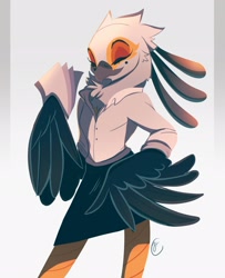 Size: 1660x2048 | Tagged: safe, artist:jaykittens, washimi (aggretsuko), bird, bird of prey, secretary bird, anthro, aggretsuko, sanrio, beak, claws, clothes, eyes closed, feathered wings, feathers, female, simple background, solo, solo female, talons, wings