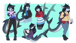 Size: 4096x2304 | Tagged: safe, artist:ambris, oc, oc only, oc:erika (ambris), fish, shark, anthro, digitigrade anthro, 16:9, 2021, abstract background, arm warmers, backpack, barefoot, belt, black hair, blue eyes, book, border, bottomwear, clothes, cute, drawing, ear piercing, ears, eyebrows, eyelashes, feet, female, fins, fish tail, gray skin, hair, hand on cheek, hand on hip, jeans, long hair, looking at you, looking back, looking back at you, motion blur, motion lines, multeity, pants, piercing, pointy ears, self paradox, shark tail, shirt, sitting, skin, skirt, smiling, smiling at you, solo, solo female, standing, tail, tail wag, teenager, toes, topwear, wallpaper, white border