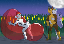 Size: 1280x896 | Tagged: suggestive, artist:wolzard, chase (paw patrol), everest (paw patrol), marshall (paw patrol), canine, dalmatian, dog, german shepherd, husky, mammal, nordic sled dog, anthro, plantigrade anthro, nickelodeon, paw patrol, balloon fetish, barefoot, beanie, belly button, black nose, blushing, butt, clothes, collar, commission, digital art, ears, feet, female, fur, group, hat, helmet, hug, male, nudity, older, one eye closed, paw pads, paws, pecs, police hat, rear view, spotted body, spotted fur, tail, thighs, trio