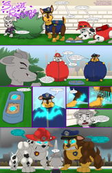 Size: 1988x3056 | Tagged: safe, artist:skyblue2005, chase (paw patrol), marshall (paw patrol), sweetie (paw patrol), canine, dog, german shepherd, mammal, terrier, feral, nickelodeon, paw patrol, 2021, angry, bag, black nose, clothes, comic, dialogue, digital art, ears, eyelashes, female, floppy drive, food, food bowl, fur, giantess, group, hair, helmet, inflation, macro, male, muscle growth, muscles, open mouth, police hat, sharp teeth, shrunken pupils, smiling, speech bubble, spotted body, spotted fur, tail, talking, teeth, text, this will end in death, this will end in pain, this will not end well, tongue, topwear, transformation, trio, uh-oh, vest