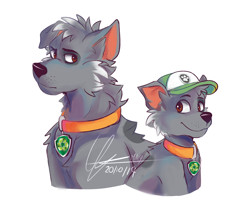 Size: 2332x1892 | Tagged: safe, artist:milkymatsu02, rocky (paw patrol), canine, dog, mammal, mutt, feral, nickelodeon, paw patrol, black nose, cap, clothes, collar, digital art, ears, fur, hat, male, older, puppy, simple background, solo, solo male, white background, young