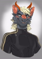 Size: 2972x4096 | Tagged: safe, artist:pelziskunk, oc, oc only, oc:vyle (vylederg), dragon, fictional species, furred dragon, anthro, blonde hair, bust, cheek fluff, clothes, dripping, eyebrows, fluff, front view, goo, gray body, hair, horns, male, orange body, pink body, solo, solo male, teal eyes