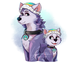 Size: 2332x1892 | Tagged: safe, artist:milkymatsu02, everest (paw patrol), canine, dog, husky, mammal, nordic sled dog, feral, nickelodeon, paw patrol, beanie, black nose, clothes, collar, digital art, ears, female, fur, hat, puppy, simple background, solo, solo female, white background, young