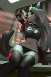 Size: 633x950 | Tagged: safe, artist:miles-df, loona (vivzmind), canine, demon, fictional species, hellhound, mammal, anthro, hazbin hotel, helluva boss, 2021, belly button, breasts, canid demon, cell phone, clothes, collar, colored sclera, crop top, desk, female, furniture, holding object, indoors, legwear, looking at you, low angle, office, on desk, panties, phone, red sclera, sitting, skimpy, solo, solo female, spiked collar, spikes, topwear, underwear