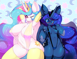 Size: 1200x927 | Tagged: dead source, suggestive, artist:slugbox, princess celestia (mlp), princess luna (mlp), equine, mammal, anthro, friendship is magic, hasbro, my little pony, anthrofied, armpits, belly button, big breasts, bikini, blue body, blue fur, blue hair, blue tail, blushing, breasts, cameltoe, cleavage, clothes, duo, eyelashes, feathered wings, feathers, female, females only, fur, hair, horn, long hair, looking at you, multicolored hair, multicolored tail, one eye closed, pose, size difference, sling bikini, small breasts, swimsuit, tail, thick thighs, thighs, white body, white fur, wide hips, wings, winking